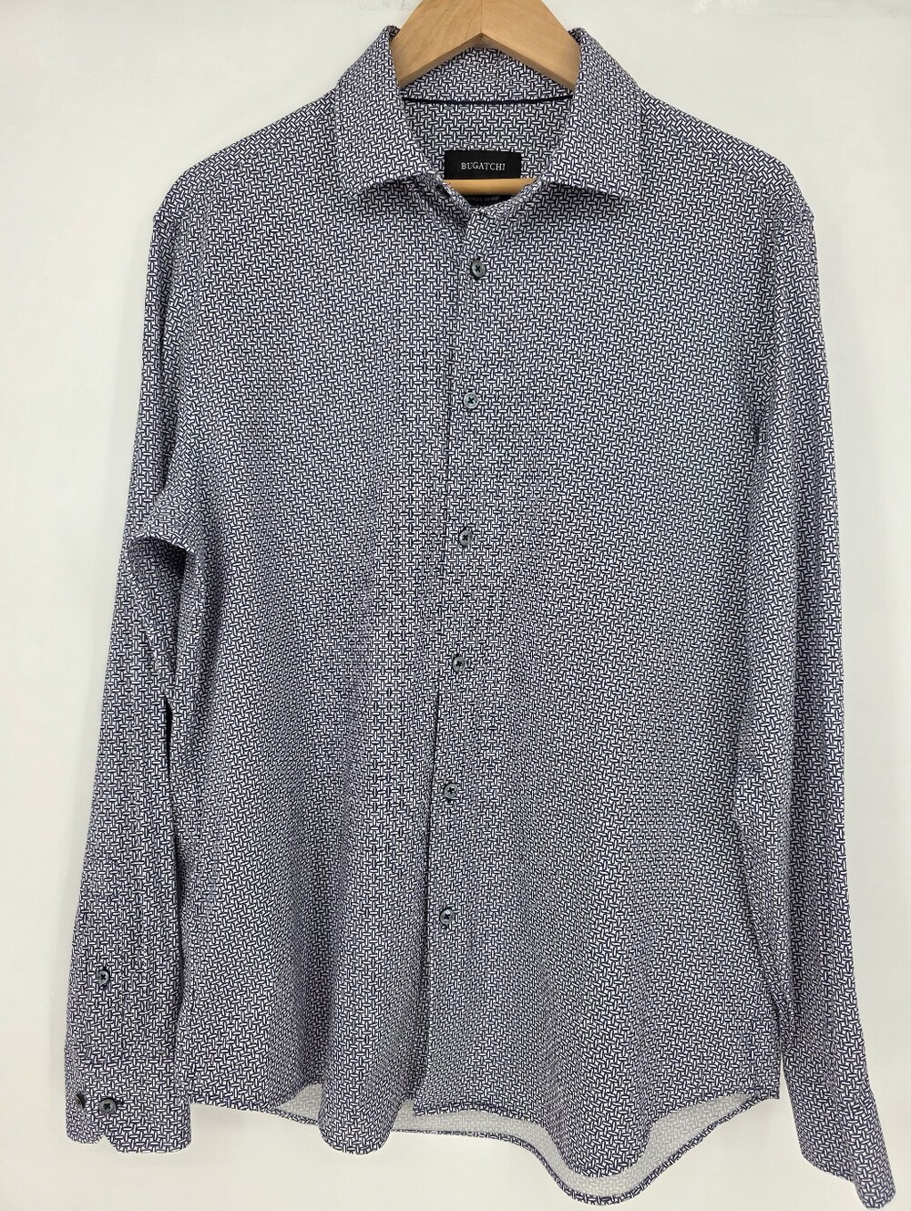 Bugatchi Comfort Stretch Button Front Shirt L Blue White Geometric Print‎